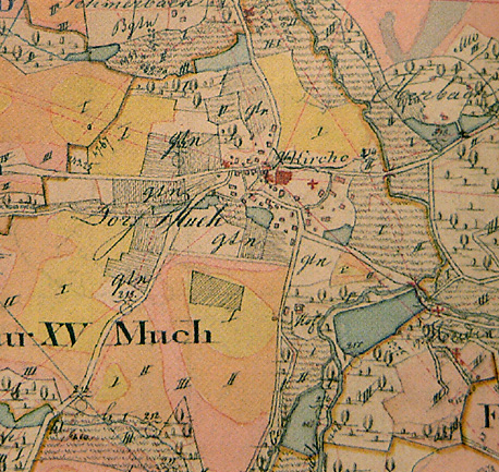 Auf dem farbigen Kartenausschnitt sind die damaligen Huser, Wege und Teiche sowie der Wahnbach bei Much verzeichnet